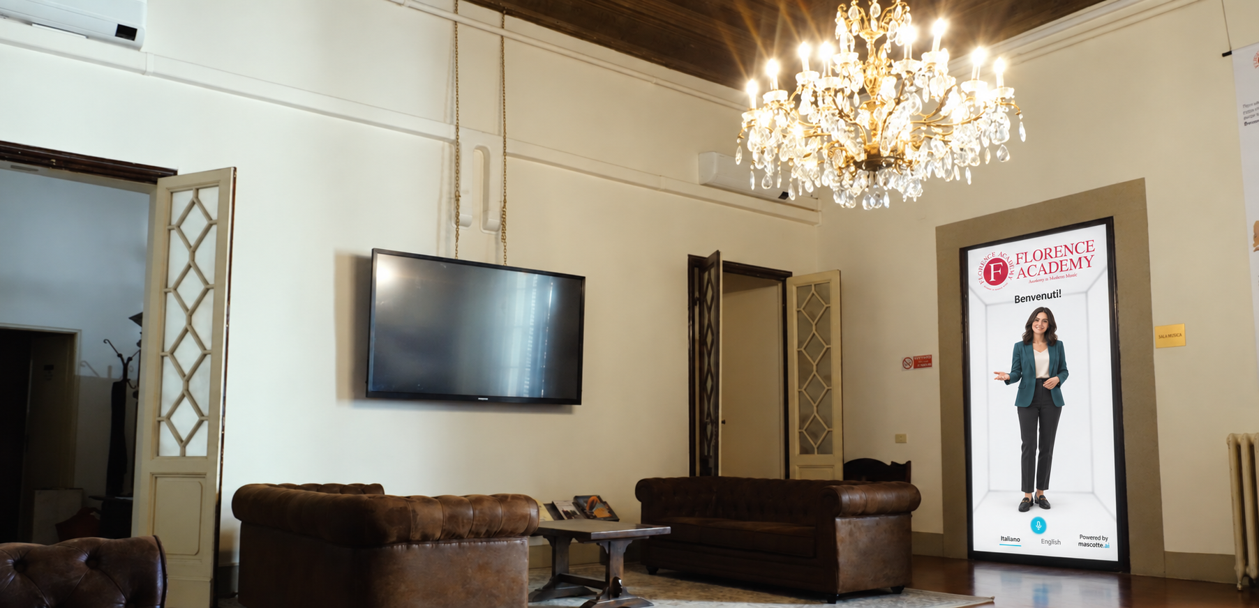 Florence Academy branded receptionist on an optional slim portrait display at the right-hand doorway in the Academy lounge