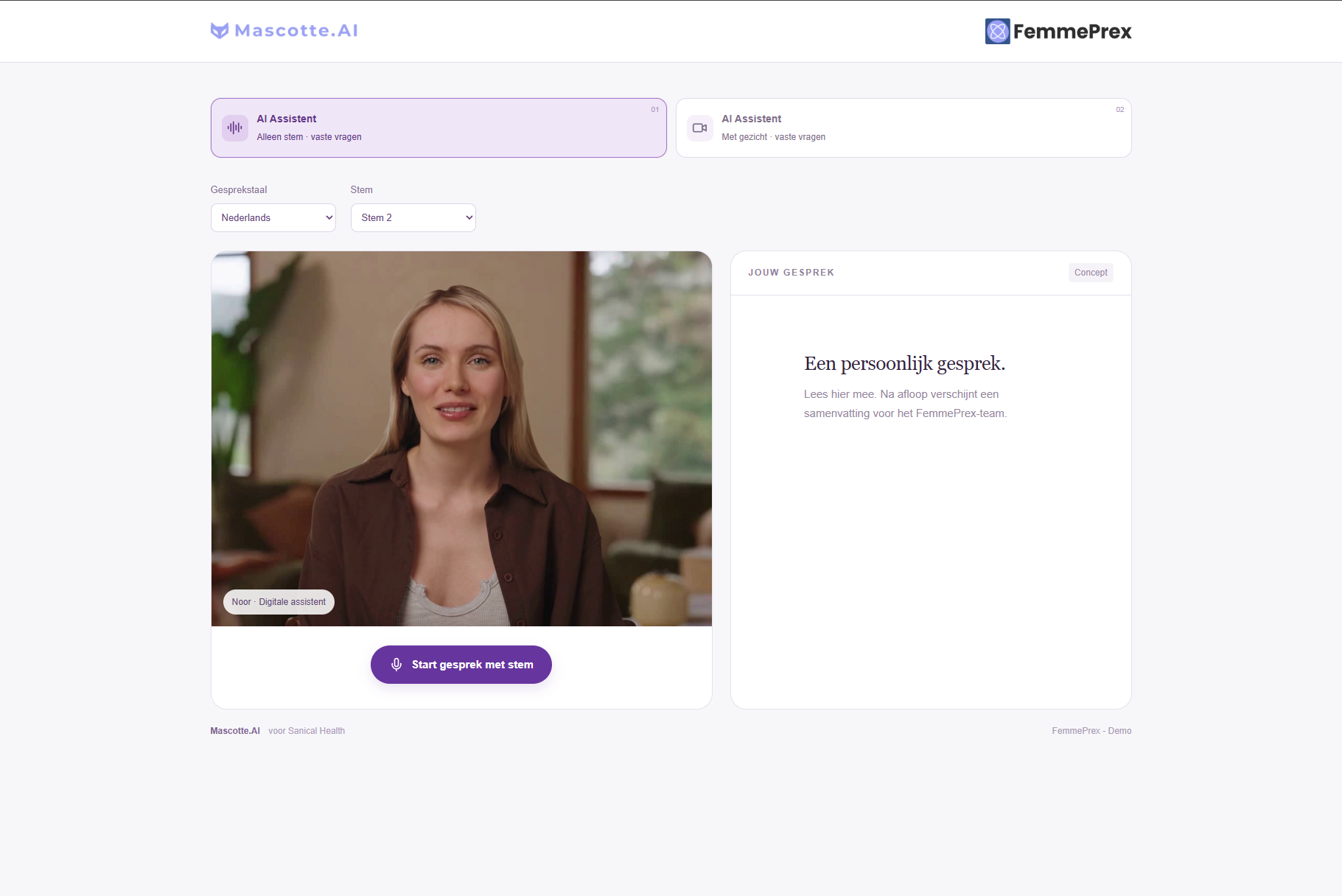 Mascotte.AI and FemmePrex healthcare demo. Click to open the live demo.